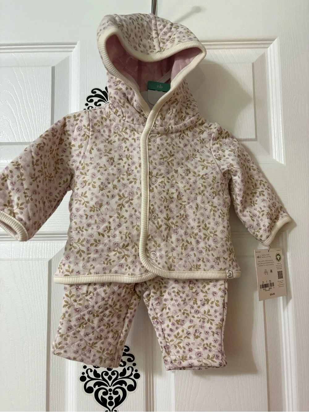 nb Floral Quilted Baby Hoodie & Pant Set in purple and green floral